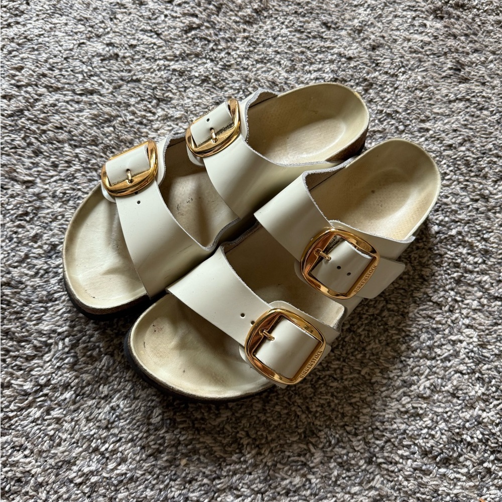 Birkenstock White/Nude Sandals with Gold Buckles
